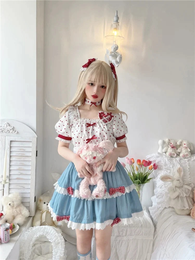 Bowl Cake Short Puff Sleeves Polka Dot Top / Tiered Flounce Mini Skirt Set