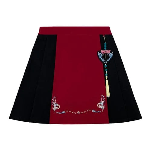 Sweet Embroidery Black Red T-shirt Skirt Set