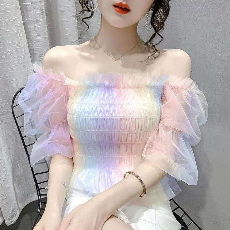 Cute Rainbow Puff Sleeve Square Collar Blouse