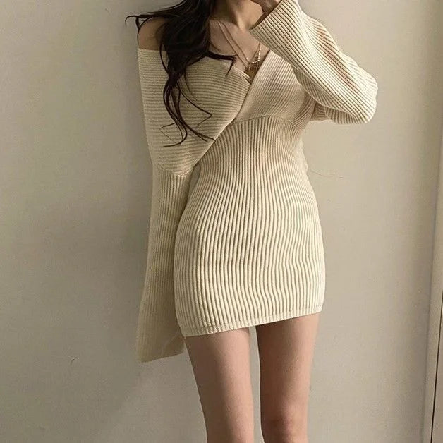 Long-Sleeve V-Neck Knit Mini Bodycon Dress