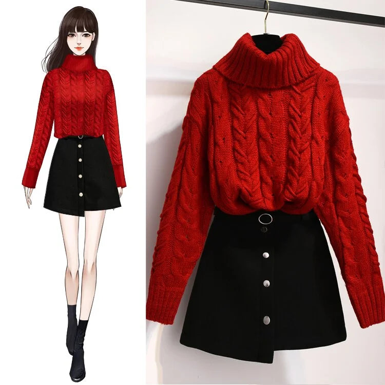 Winter Turtleneck 2 PCS Red Black Knitwear Top Skirt Outfit