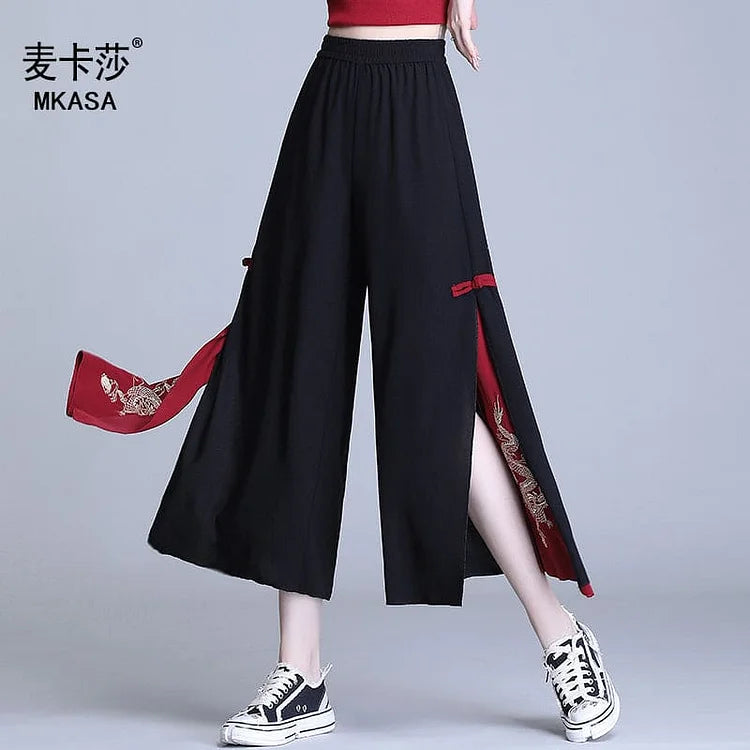 Embroidery Golden Dragon Casual Black Red Pants