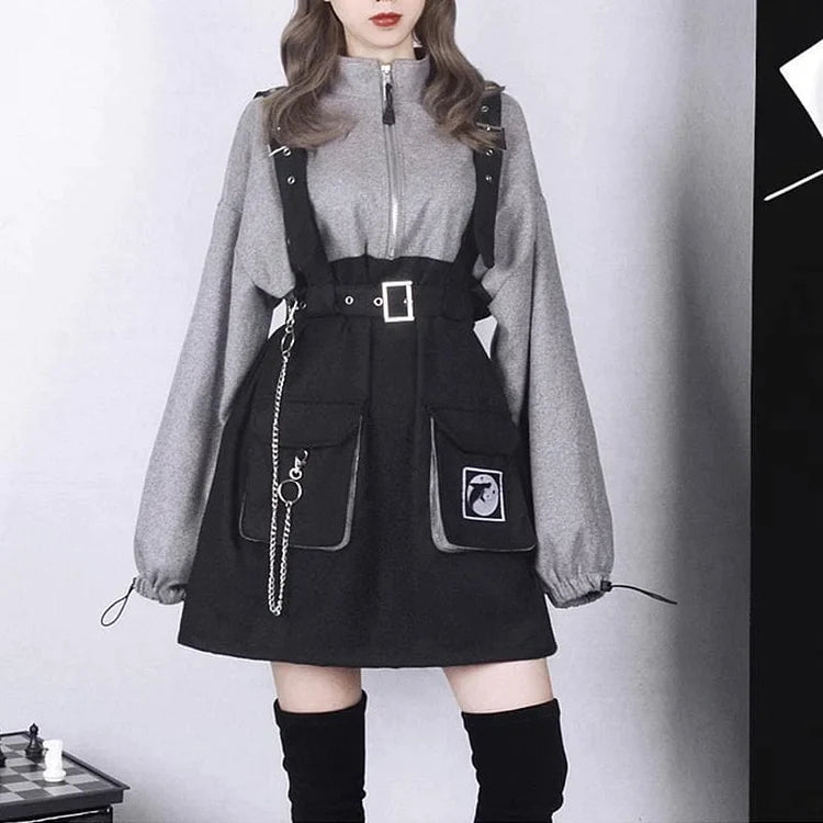 Whale Zipper Chain Pocket Sweatshirt Buckle Strap Dress