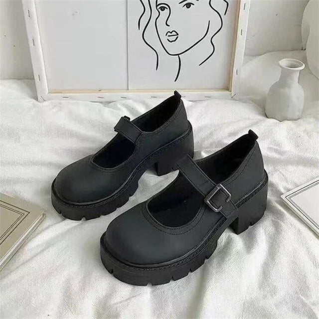 JK Retro Mary Jane Black Bowknot Thick Platform Shoes