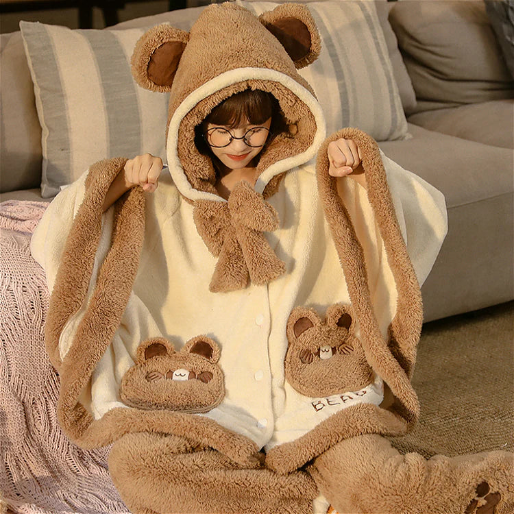 Bear Ears Pocket Bow Hooded Pajama Set