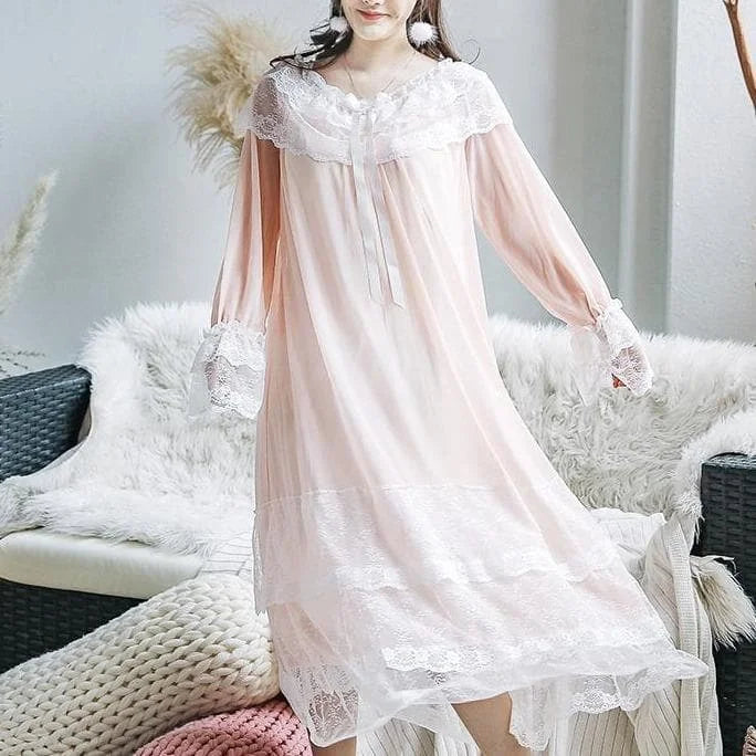 WhitePinkBlue Pastel Princess Lace Pajamas 2pcs Set Dress