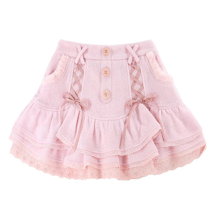 Kawaii Cute Fluffy Lace-up Knitted Cake Skirt