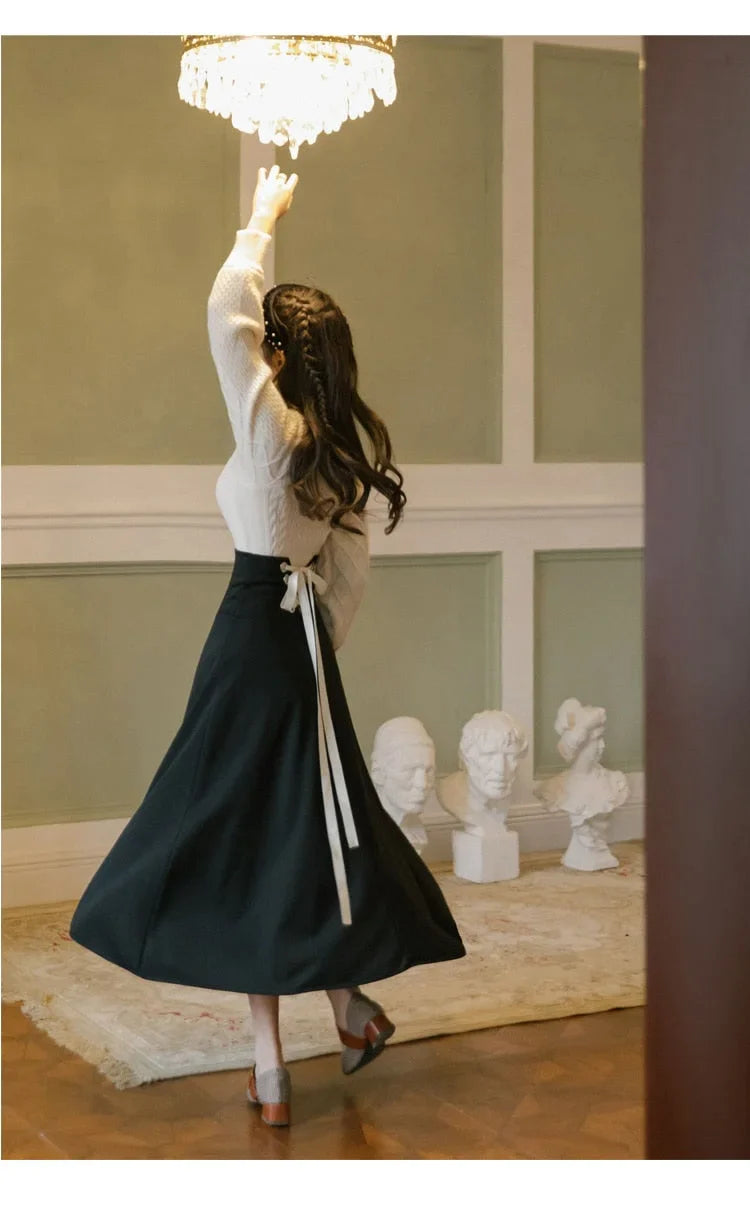 Dark Academia Vintage White Pullover Sweater & Black Bandage Maxi Skirt Suit Set