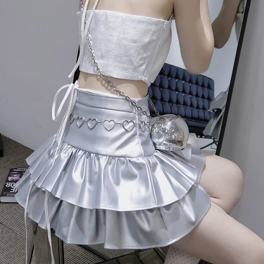 Silver PU Leather High Waist Tiered Skirt