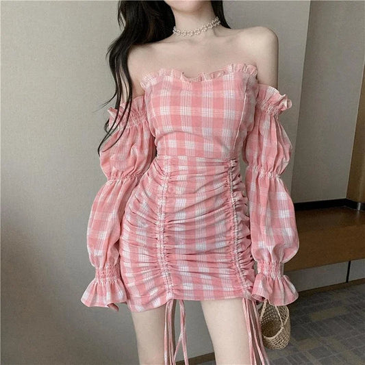 Pink Grid Off-Shoulder Draw String Dress