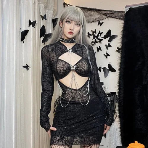 Cool Witch Spiderweb Cutout Bodycon Black Dress