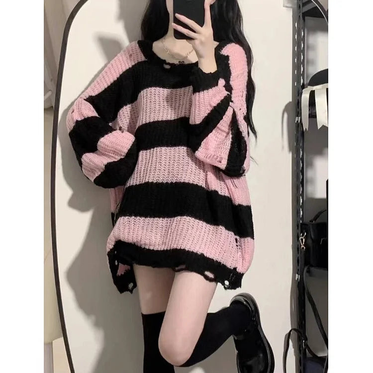 Grunge egirl Style Black Pink Stripes Fashion Sweater