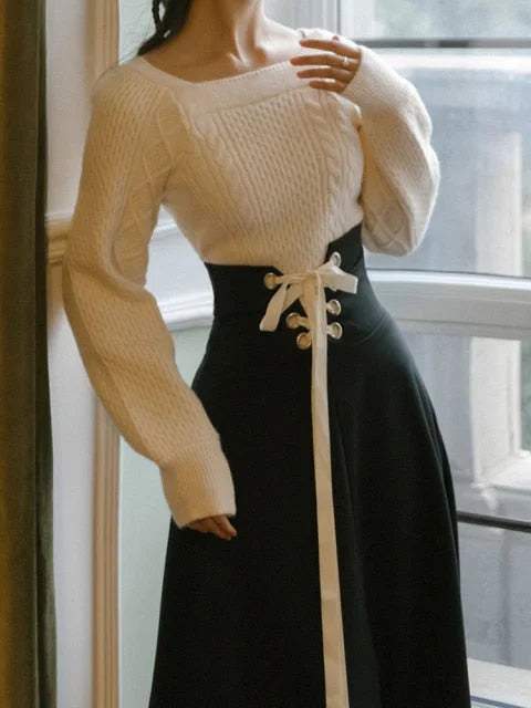 Dark Academia Vintage White Pullover Sweater & Black Bandage Maxi Skirt Suit Set