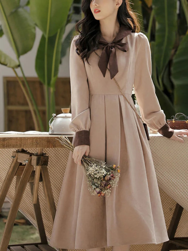 Dark Academia Elegant Vintage Bow Long Sleeve Dress