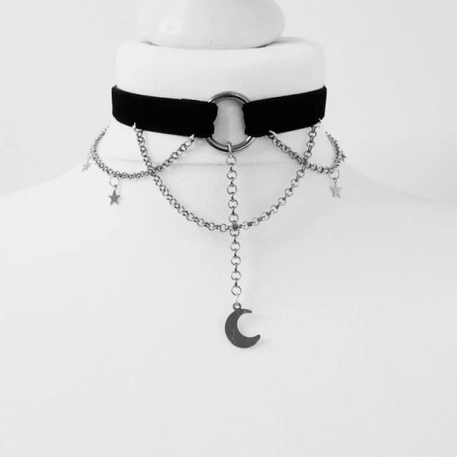 Gothic Crescent Moon and Stars Choker Witch Punk Necklace