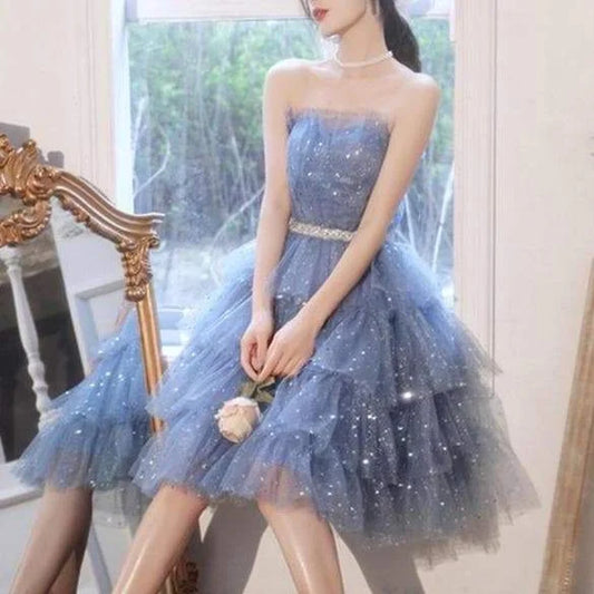 Dreamy Kawaii Blue Ruffle Sparkles Strapples Puffy Tulle Dress