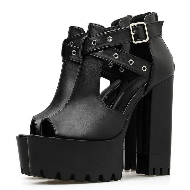 Gothic Eyelet Cross Straps Peep Toe Platform Shoes