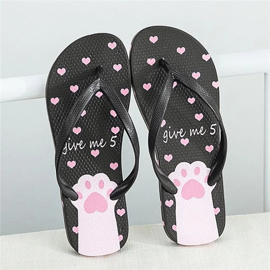 PinkWhiteBlack Kawaii Cute Cat Paws Summer Love Hearts Sandals