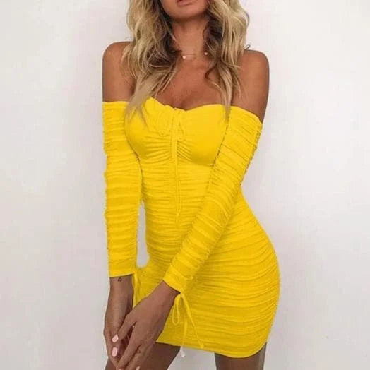 Off Shoulder Long Sleeve Slim Elastic Bodycon Bandage Party Dress