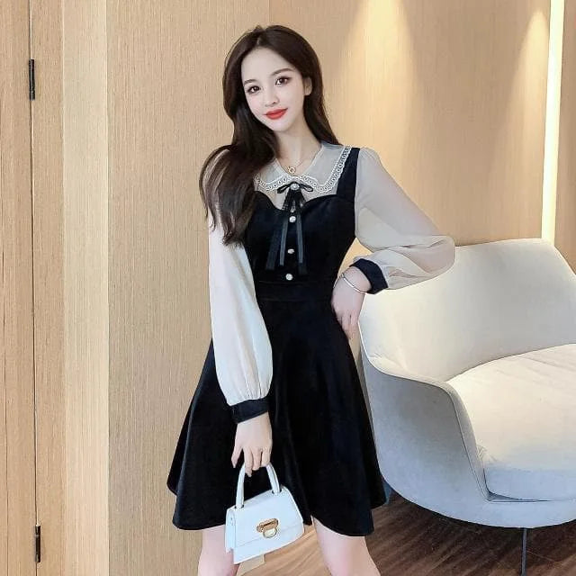 Elegant Vintage Black Lantern Sleeve High Waist Slim Dress