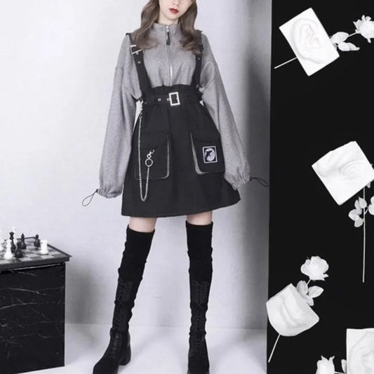 Whale Zipper Chain Pocket Sweatshirt Buckle Strap Dress