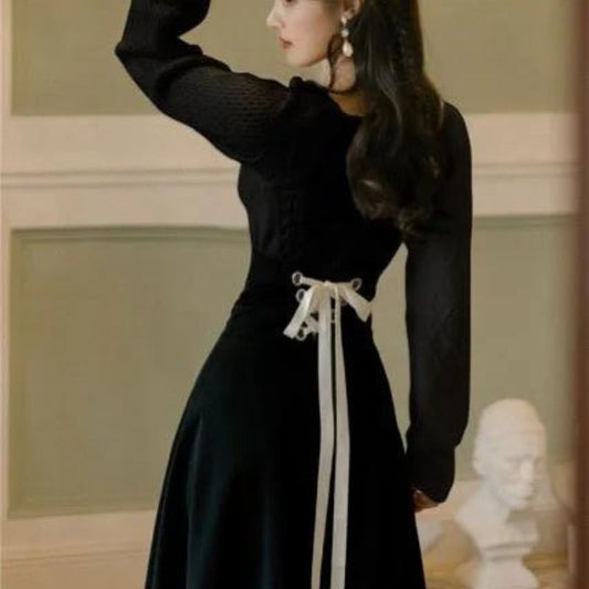 Dark Academia Vintage White Pullover Sweater & Black Bandage Maxi Skirt Suit Set