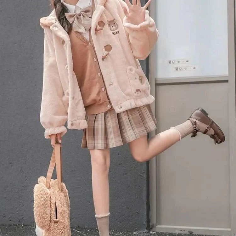 Kawaii Plush Fluffy Bear Winter Hoodie Jacket