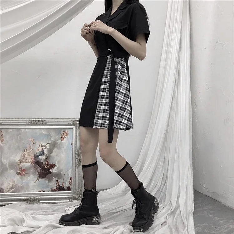 Gothic Black Patchwork Plaid Dress