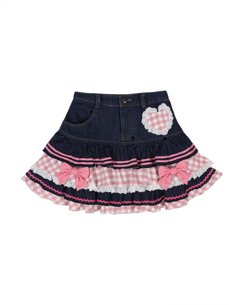 Lolita Gothic Lace Plaid Hearts Ruffles Jk Denim Skirt