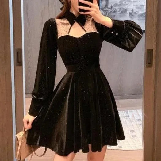 Elegant Vintage Black Lantern Sleeve High Waist Slim Dress