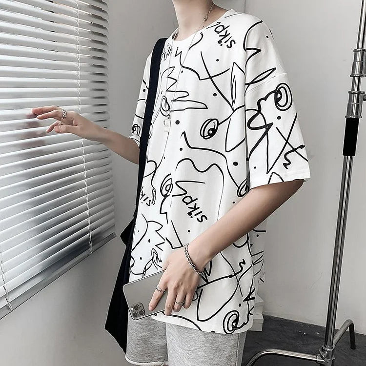 Korean Fashion Elbow-Sleeve Graphic Print T-Shirt