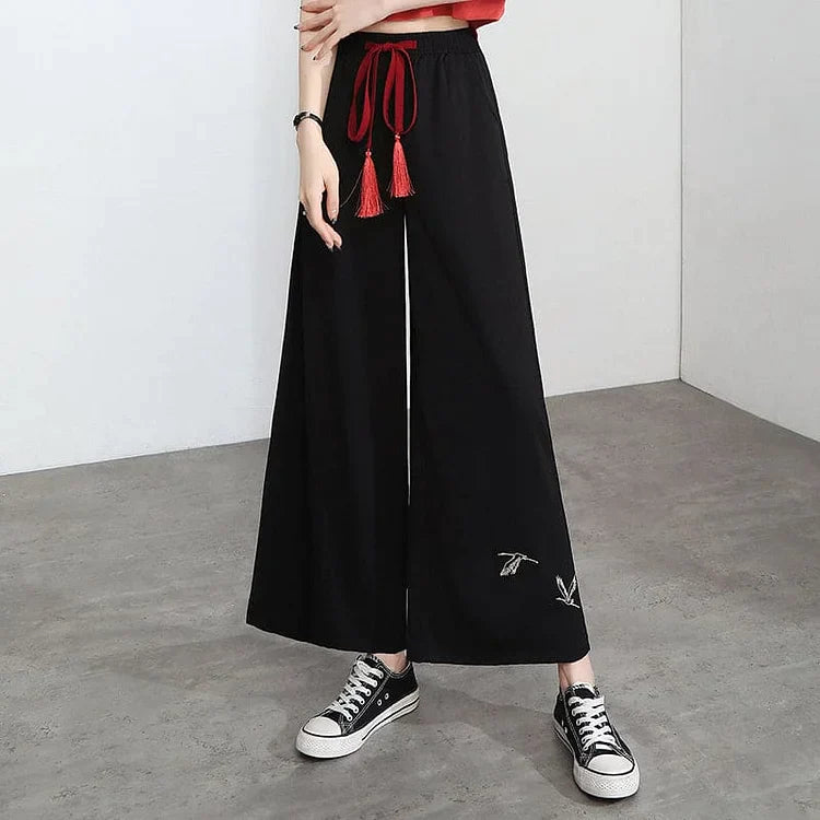 Embroidery Golden Dragon Casual Black Red Pants