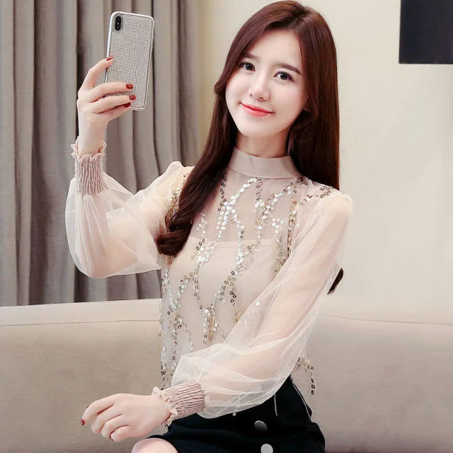 S-2XL Sweet Beading Lantern Sleeve Pearls White Chiffon Blouse