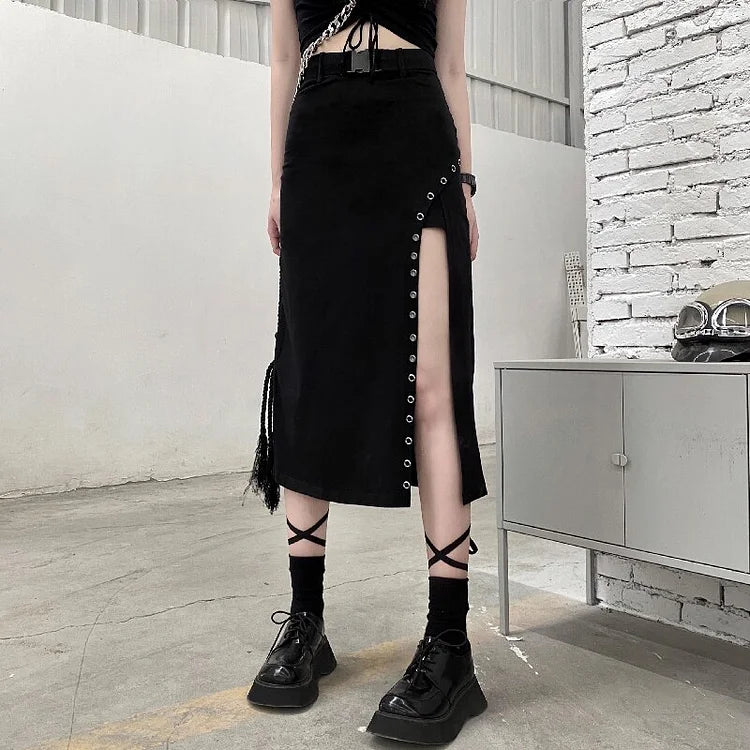 Gothic Black Belted High Waist Skirt