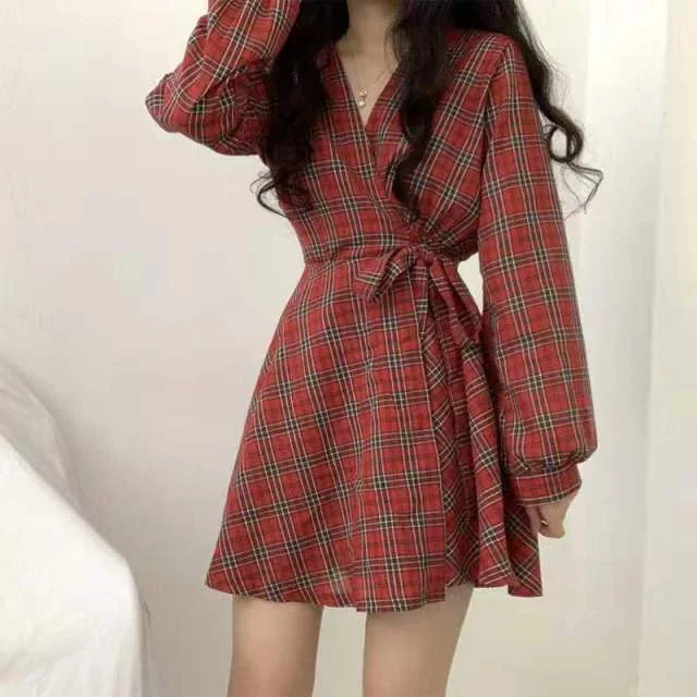 Dark Academia Winter Plaid Dress Long Sleeve Scottish Plaid Slim Dress