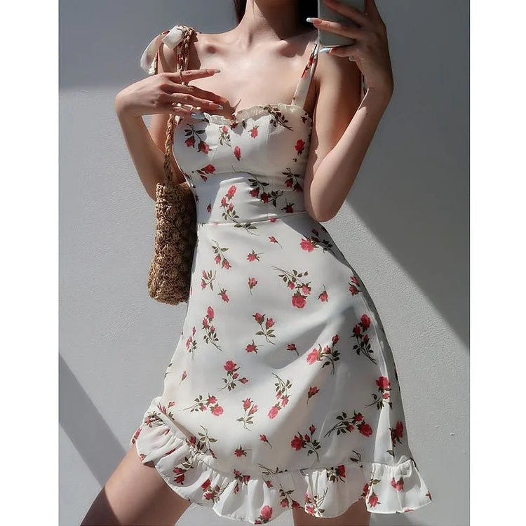 Sweet White Floral Ruffle Dress - Pink