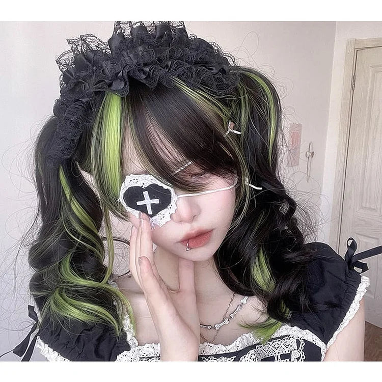 Lovely Kawaii eGirl Monster Style Green Black Curly Wig