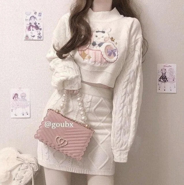 Cute Rabbit Pattern Long Sleeve Sweater Half-length Skirt Two Piece Set