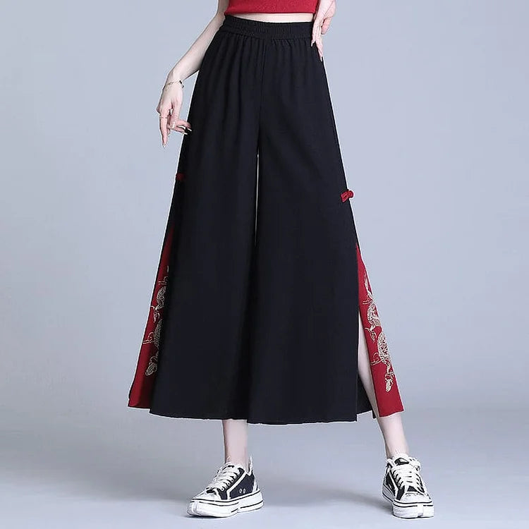 Embroidery Golden Dragon Casual Black Red Pants