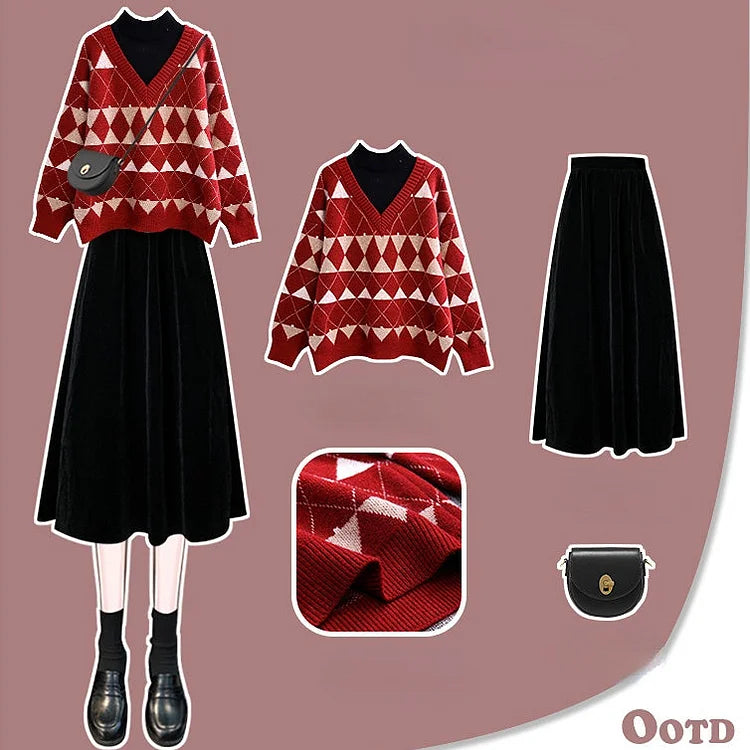 Lory Fake Two Pieces Winter Plaid Sweater and Skirt Set