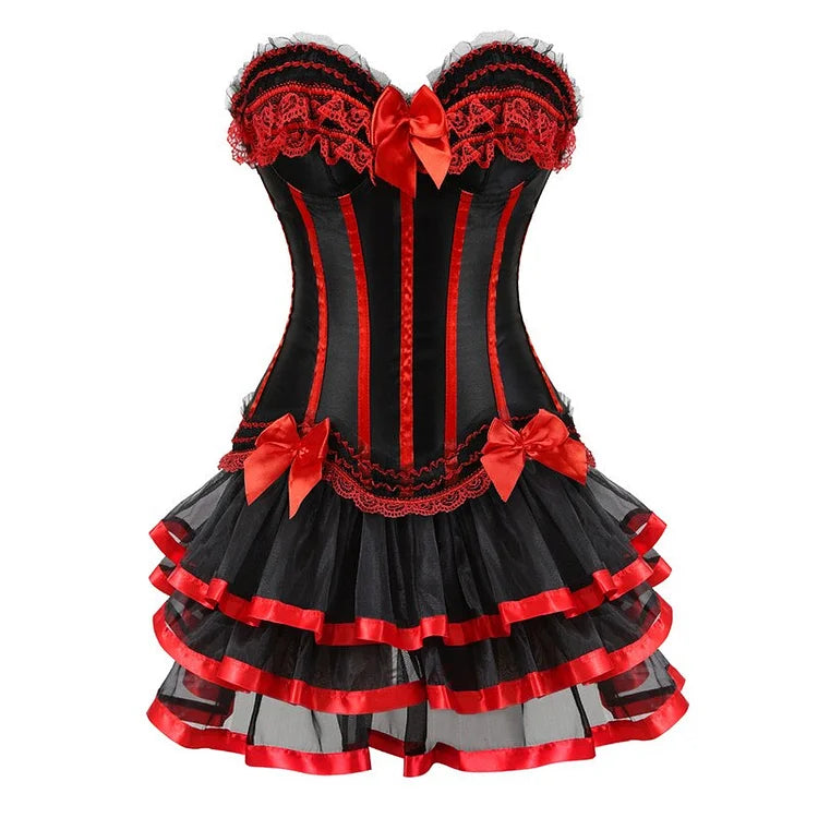 Burlesque Corsets with Skirt Striped Floral Lace Up Corset Bustier