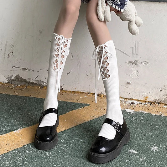 Black/White Lolita Bandage Bowknot Cotton Knee-High JK Knee Socks