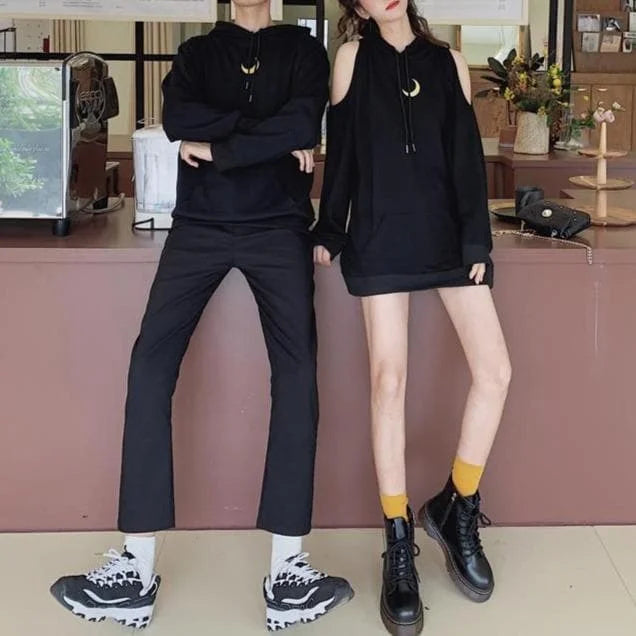 Black Loose Moon Couple Hoodie Jumper