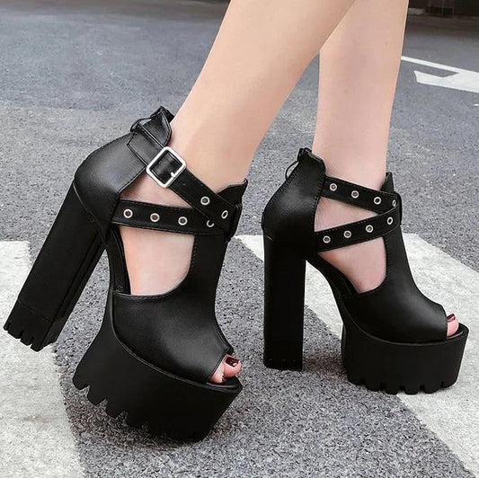 Gothic Eyelet Cross Straps Peep Toe Platform Shoes