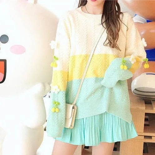 Sweet PinkCyan Rainbow Striped Sweater