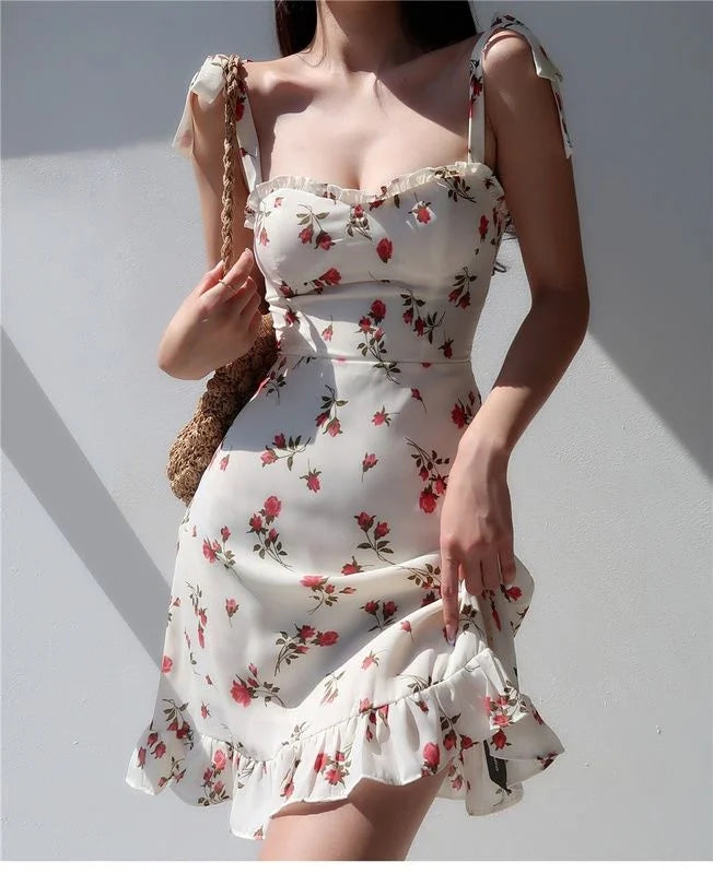 Sweet White Floral Ruffle Dress - Pink