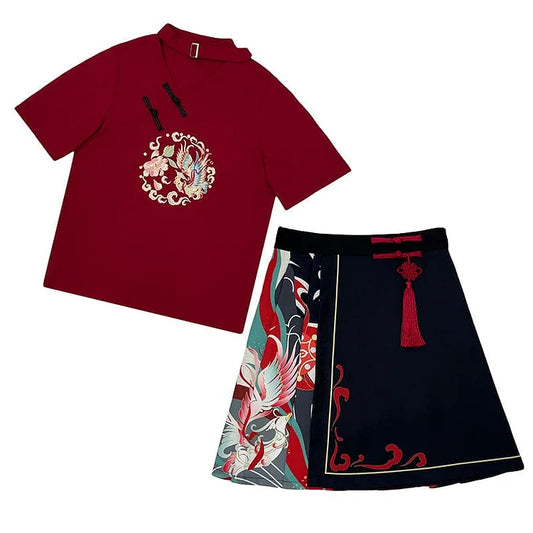 Sweet Embroidery Black Red T-shirt Skirt Set