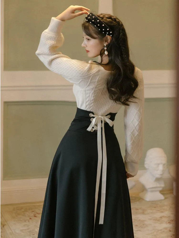 Dark Academia Vintage White Pullover Sweater & Black Bandage Maxi Skirt Suit Set