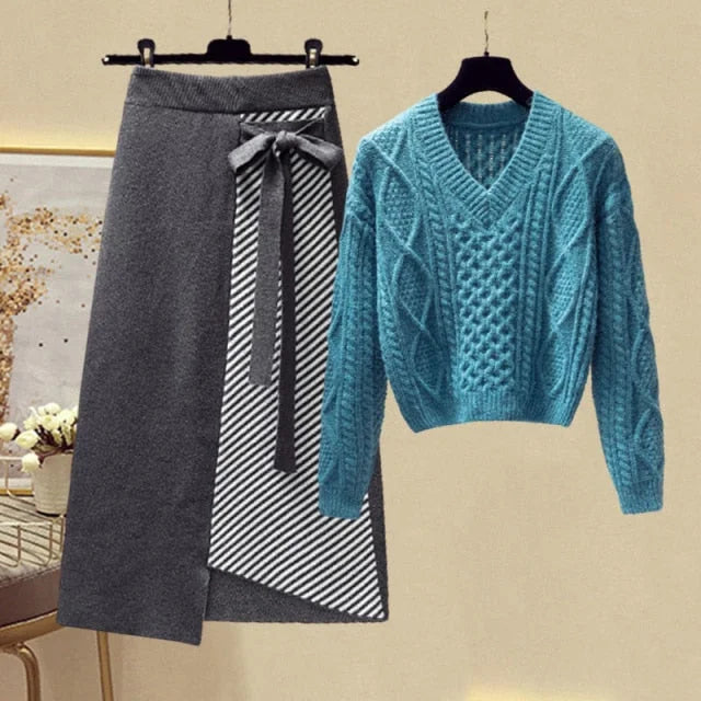 S-4XL Plus Size Warm Long Sleeve Knitted Sweater and High Waist Skirt Set