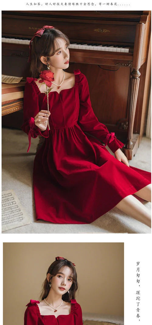 Vintage Red Long Sleeve French Square Collar Princess Dress